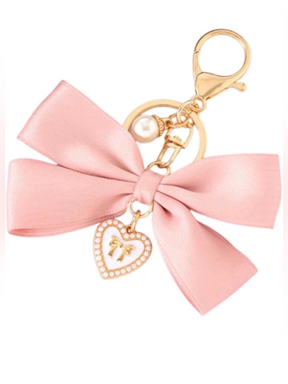 Pink Bow Pearl Heart Bag Charm Keychain-New